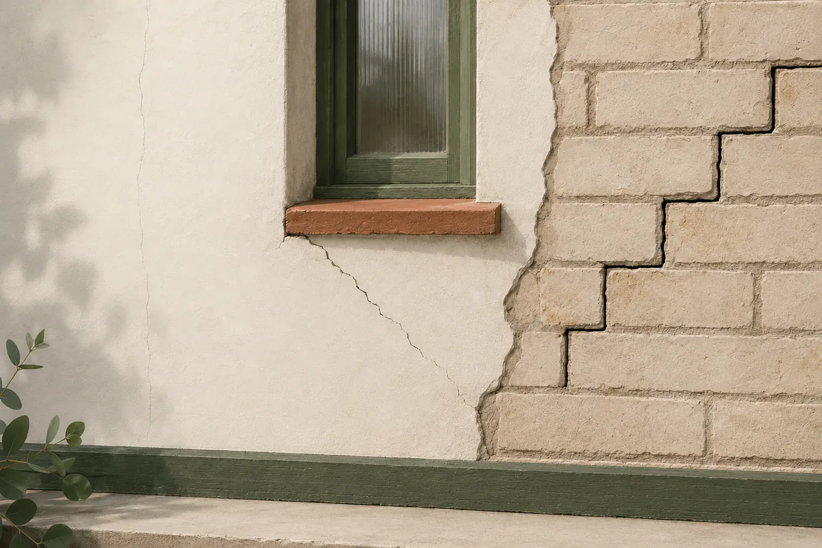 Architectural material study showing a fine plaster hairline, a diagonal crack from a window corner and stepped cracking along masonry joints