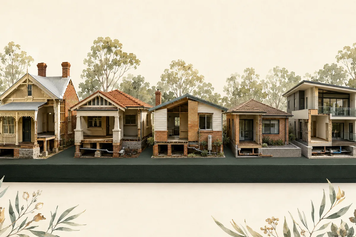 Five detailed Australian house models progressing from a pre-1920s home through interwar, postwar, 1980s to 1990s and contemporary construction