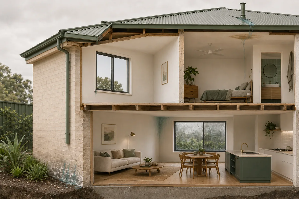 Architectural house cutaway showing ground moisture and salt bloom, rain penetration, condensation and a localised roof or plumbing leak